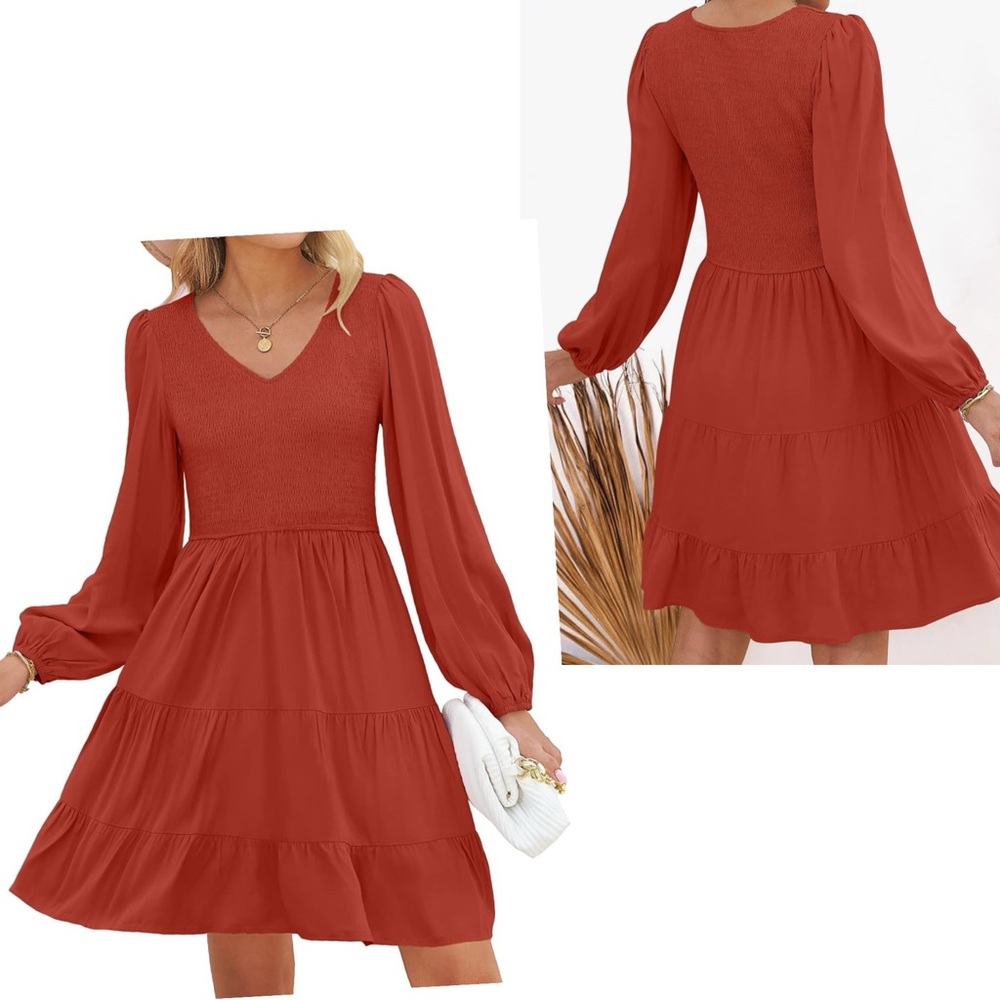 NWT Casual V Neck Long Sleeve Smocked High Waist Ruffle A Line Tiered Mini Dress